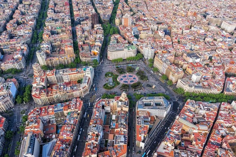 Spain Winter Travel Guide – Aerial view of Barcelona city and Plaça de Catalunya